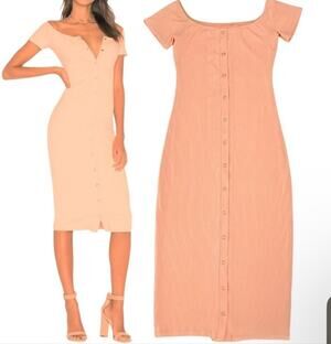 NWT Privacy Please Rue Ribbed Knit Button Down Front Midi Dress Peach Pink SZ S